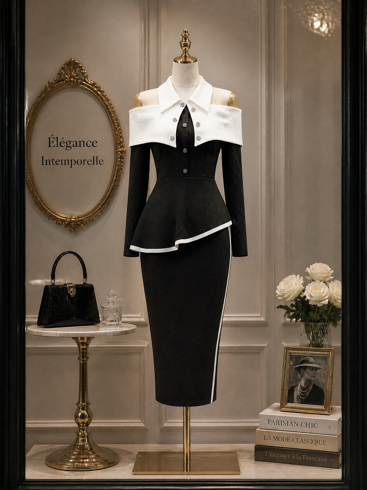 Vintage Black White Cold-Shoulder Peplum Top Skirt Knit Set