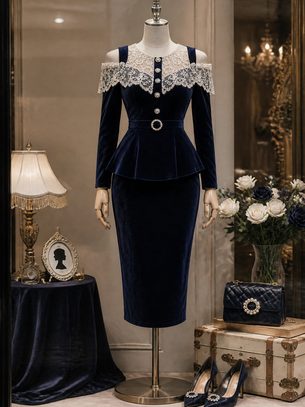 Vintage Navy Velvet Lace Cold-Shoulder Peplum Dress Set