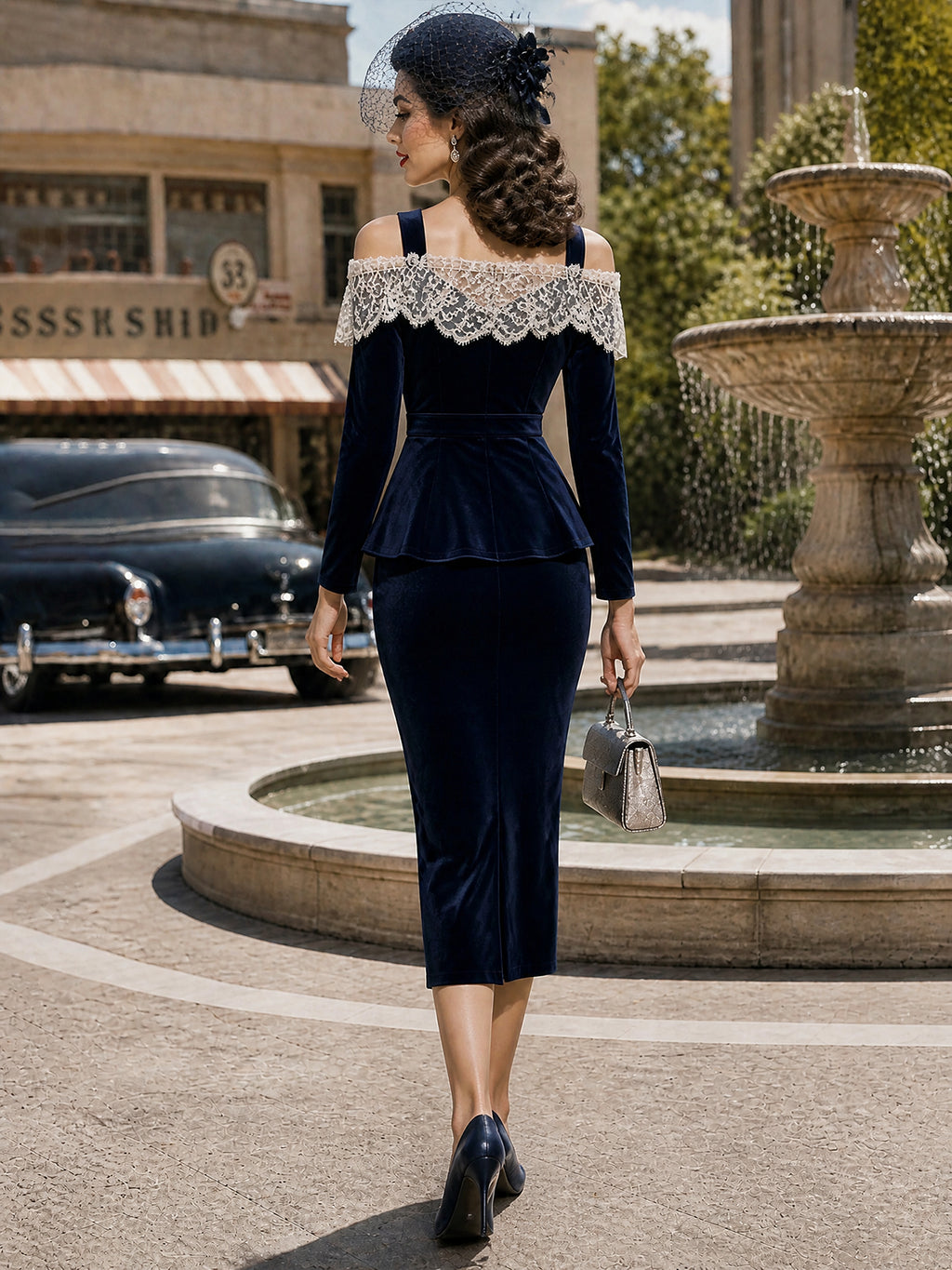 Vintage Navy Velvet Lace Cold-Shoulder Peplum Dress Set