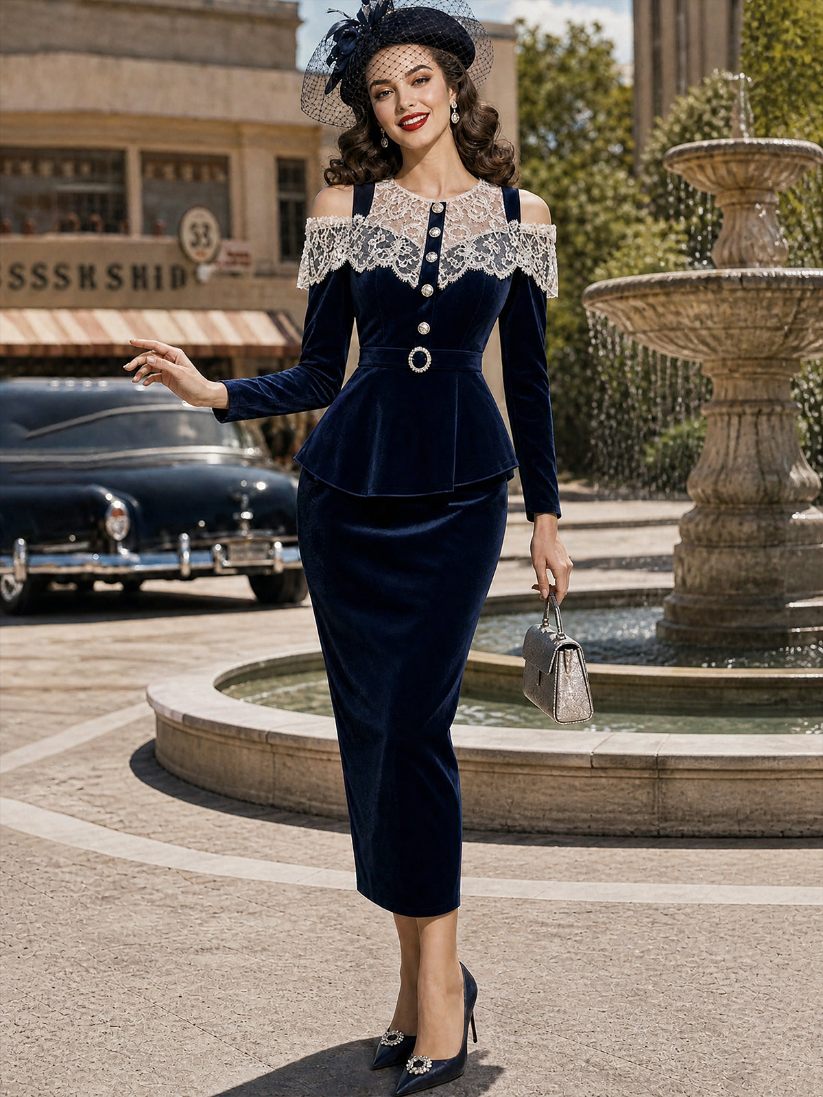 Vintage Navy Velvet Lace Cold-Shoulder Peplum Dress Set