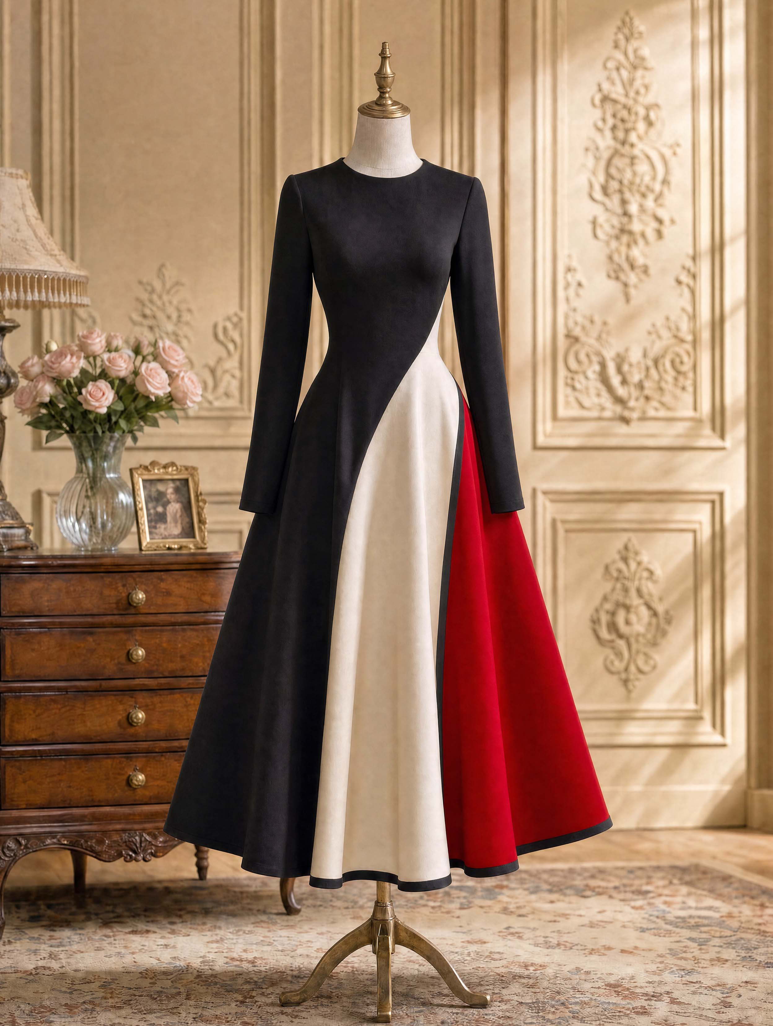 Vintage Tricolor Geometric Midi Dress