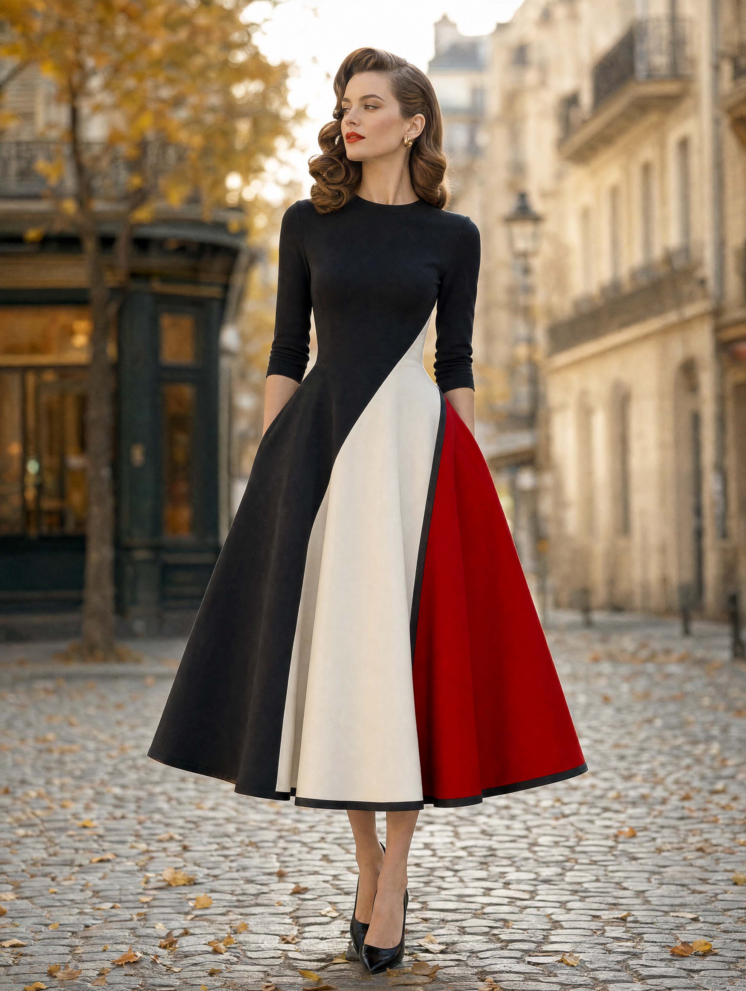 Vintage Tricolor Geometric Midi Dress