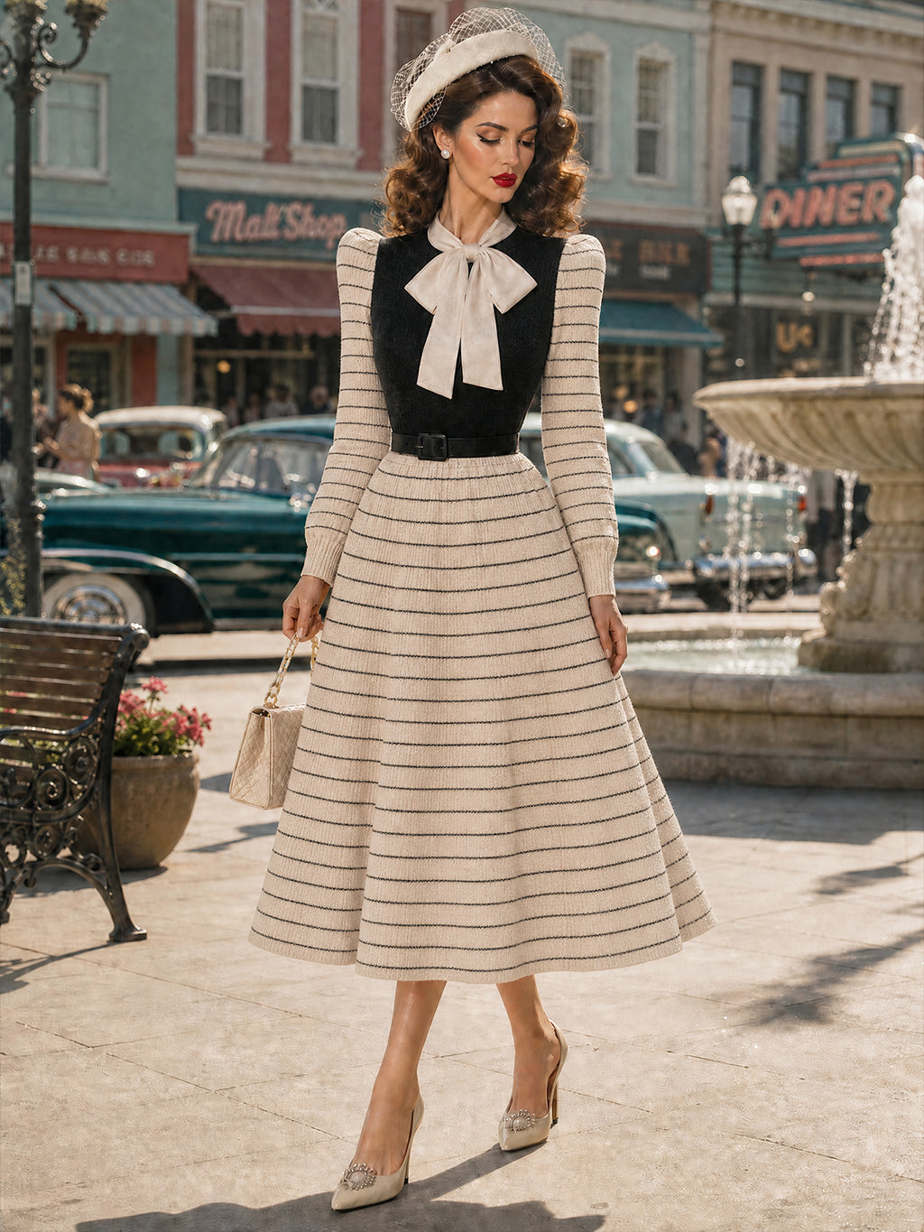 Vintage Cream Striped Bow-Tie Belted Knit Dress