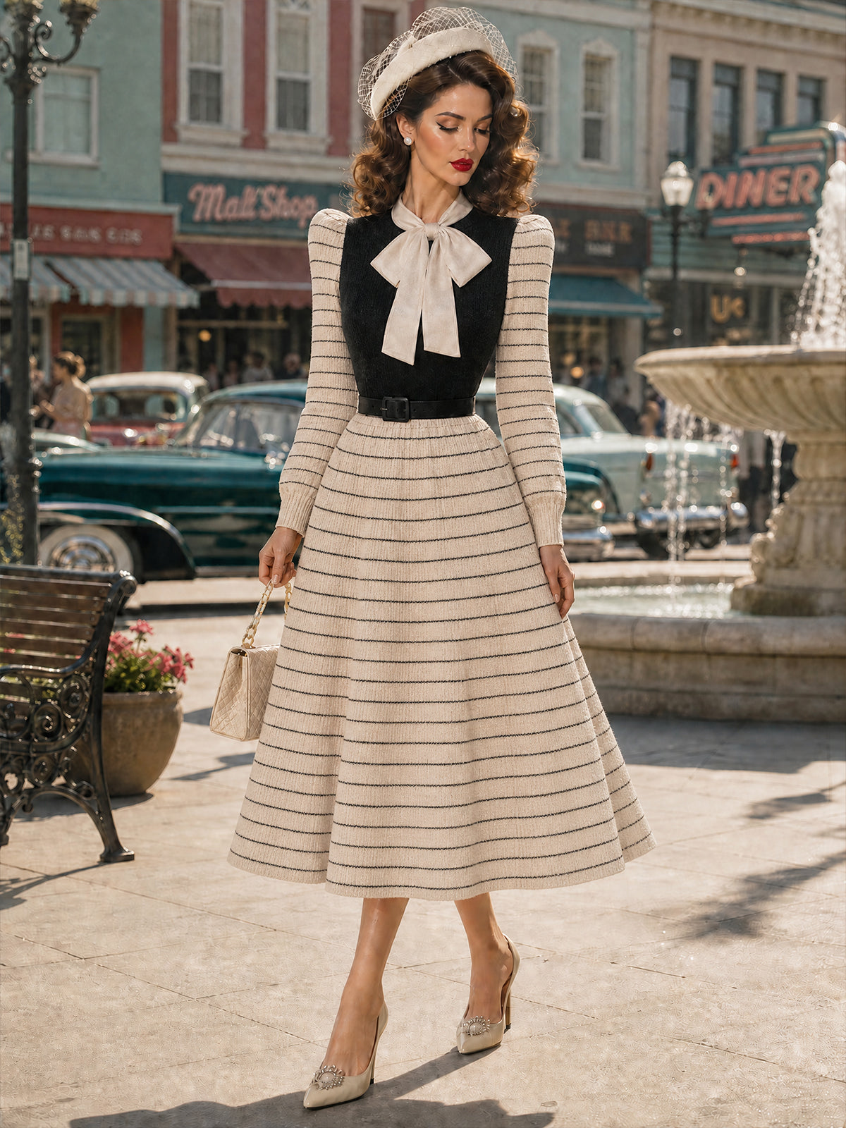 Vintage Cream Striped Bow-Tie Belted Knit Dress