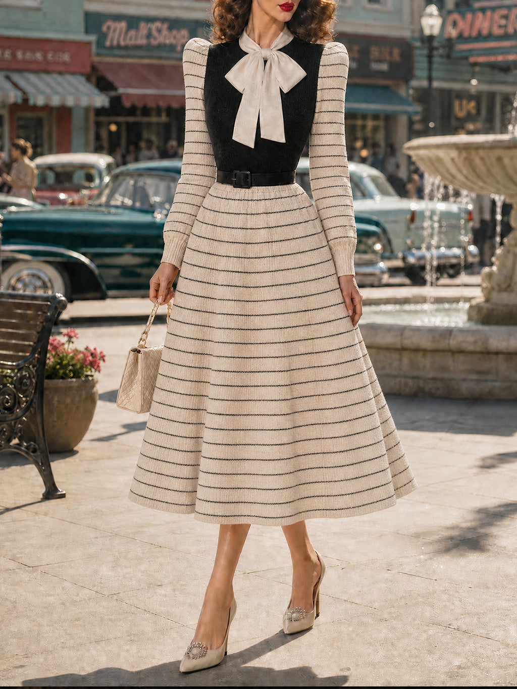 Vintage Cream Striped Bow-Tie Belted Knit Dress