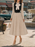 Vintage Cream Striped Bow-Tie Belted Knit Dress