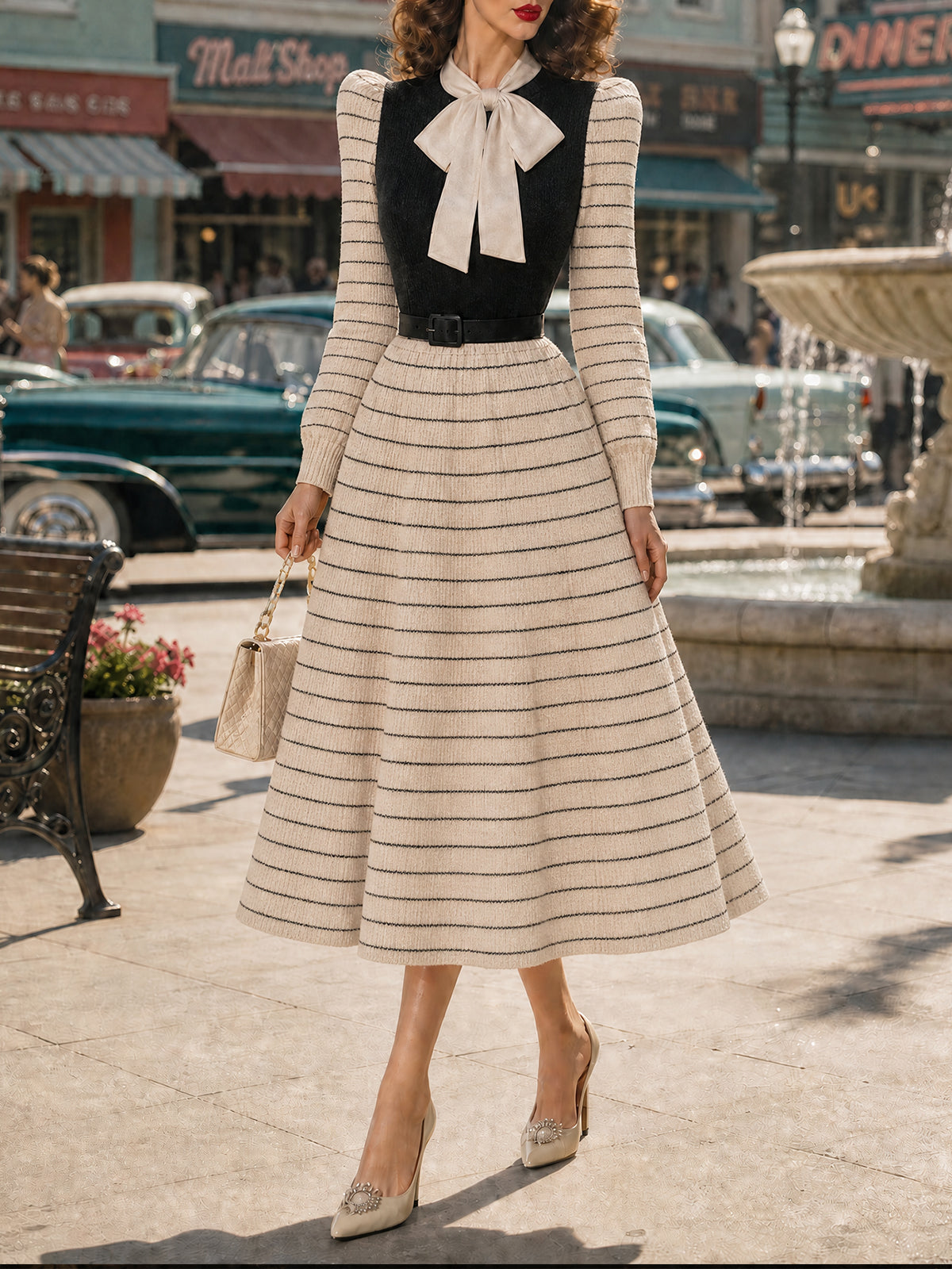 Vintage Cream Striped Bow-Tie Belted Knit Dress