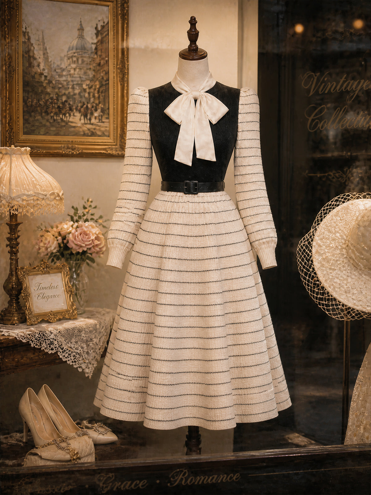 Vintage Cream Striped Bow-Tie Belted Knit Dress
