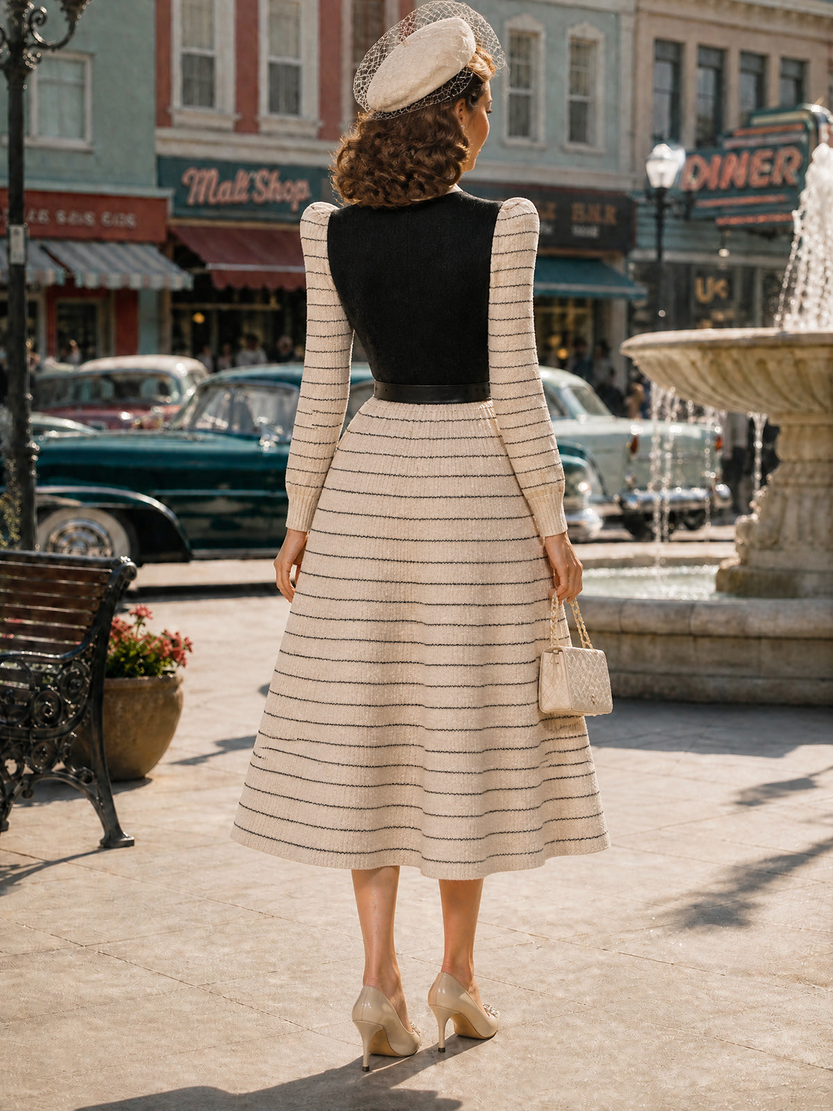 Vintage Cream Striped Bow-Tie Belted Knit Dress