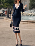Vintage Navy Star-Stripe V-Neck Bodycon Knit Dress