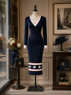 Vintage Navy Star-Stripe V-Neck Bodycon Knit Dress
