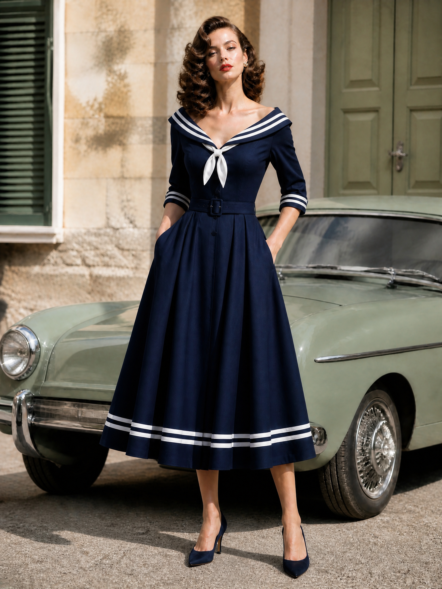 Retro 1950s Nautical Sailor A -Line Swing Midi Dress