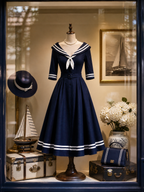 Retro 1950s Nautical Sailor A -Line Swing Midi Dress