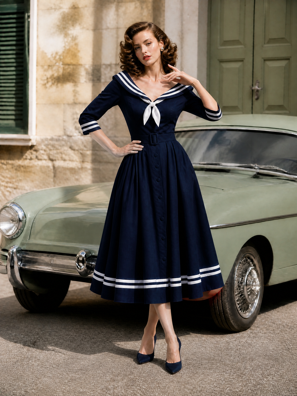 Retro 1950s Nautical Sailor A -Line Swing Midi Dress