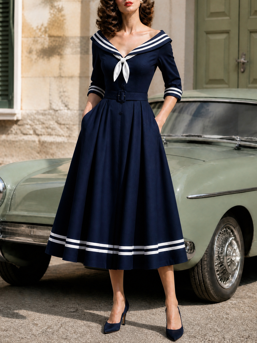 Retro 1950s Nautical Sailor A -Line Swing Midi Dress