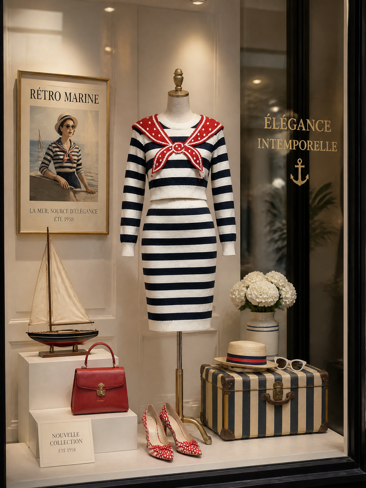 Vintage Nautical Navy & White Striped Knit Two-Piece Set
