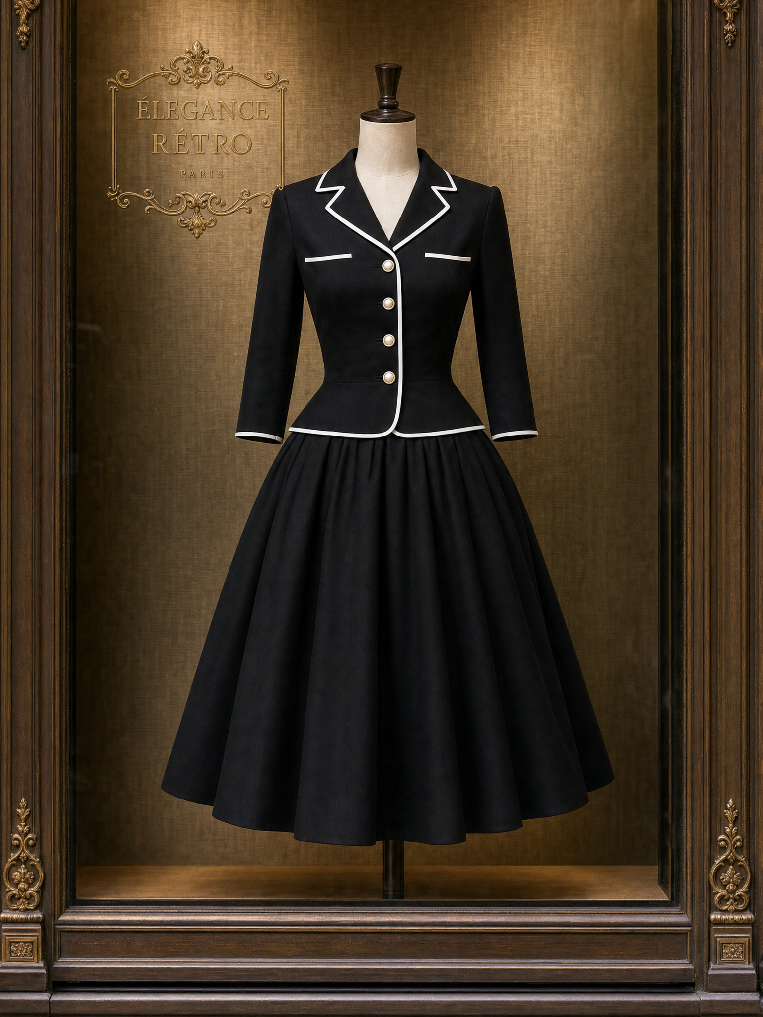 Vintage Color‑contrast Piped Two Piece Skirt Set