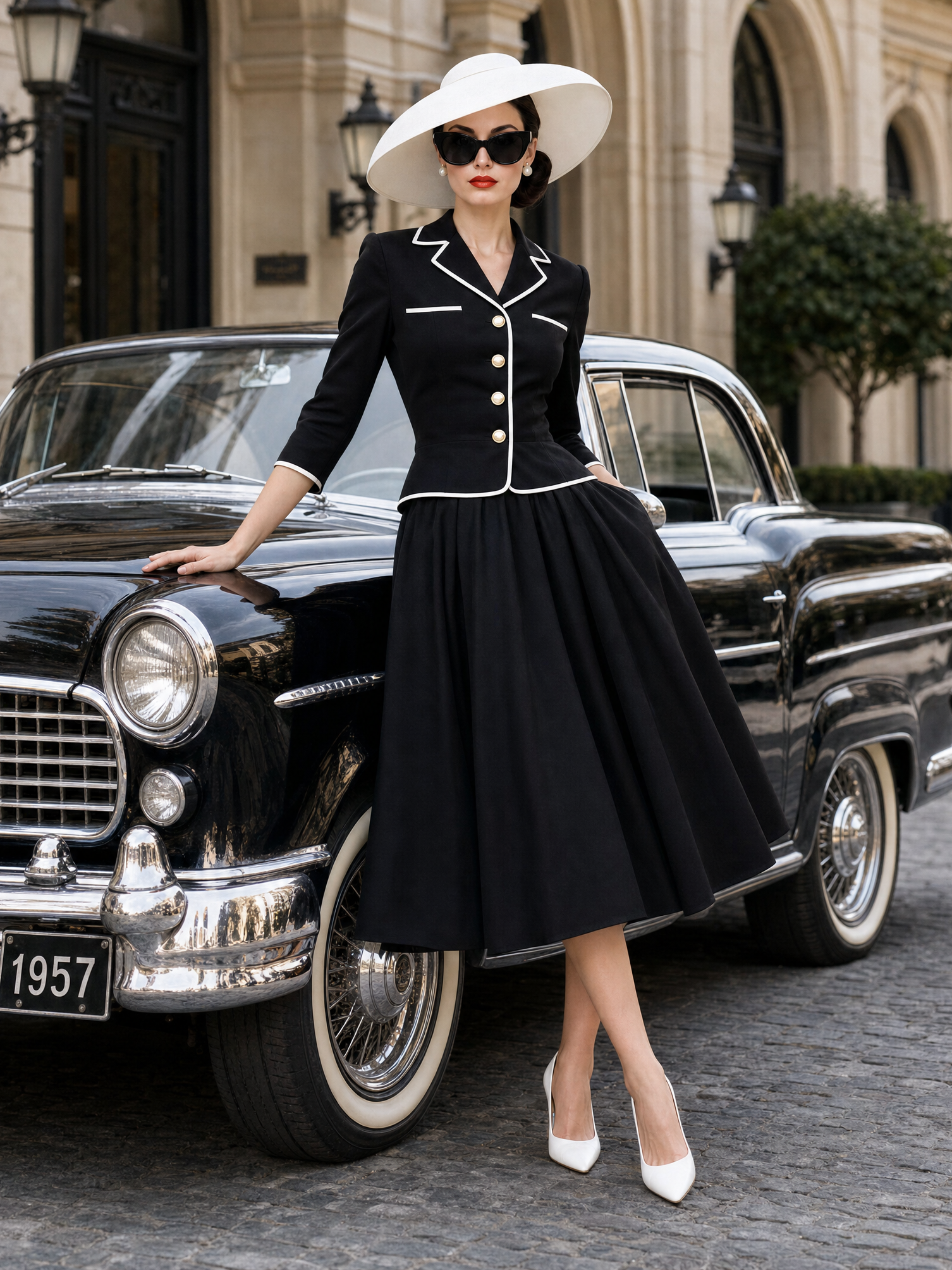 Vintage Color‑contrast Piped Two Piece Skirt Set