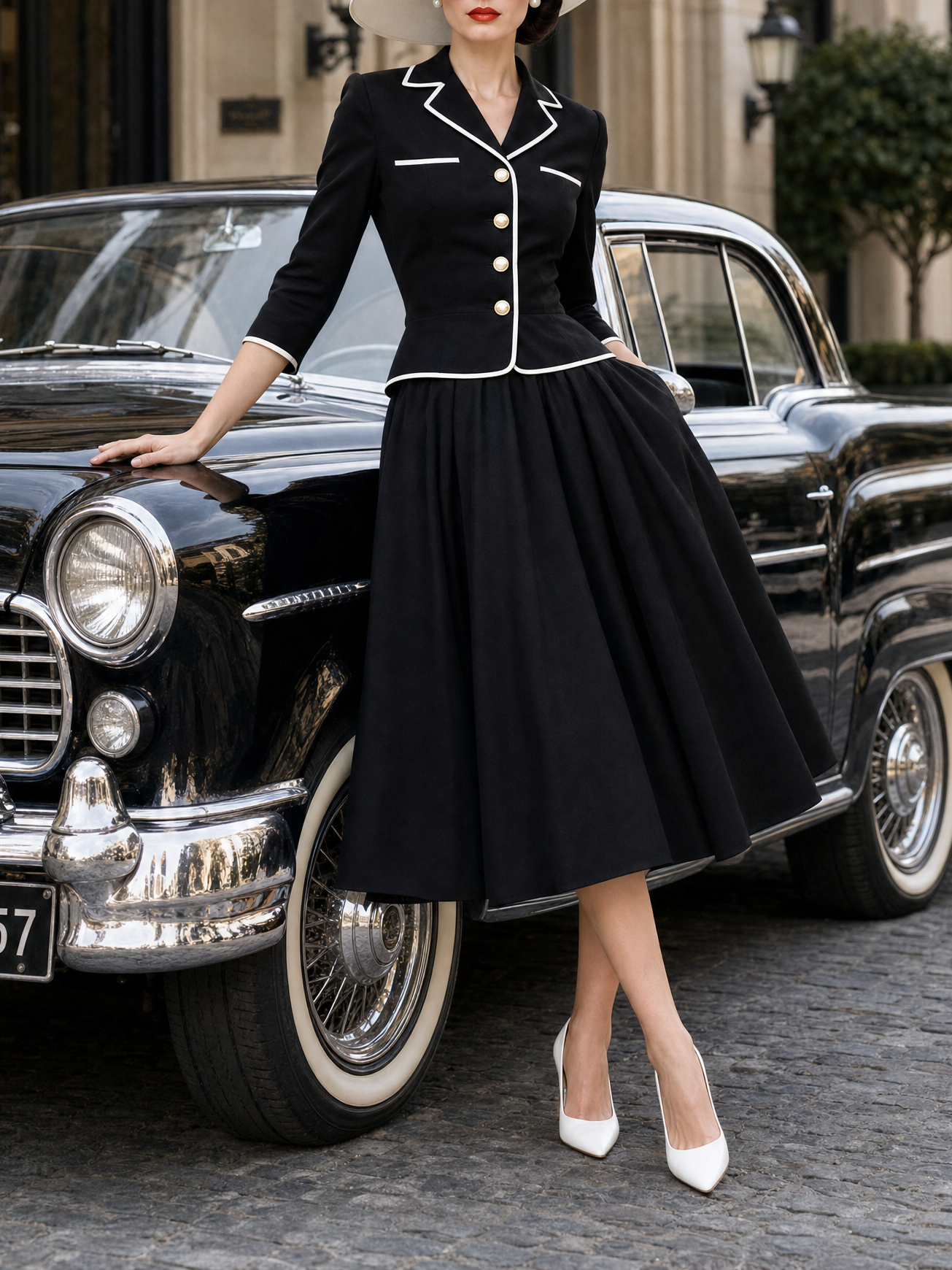 Vintage Color‑contrast Piped Two Piece Skirt Set