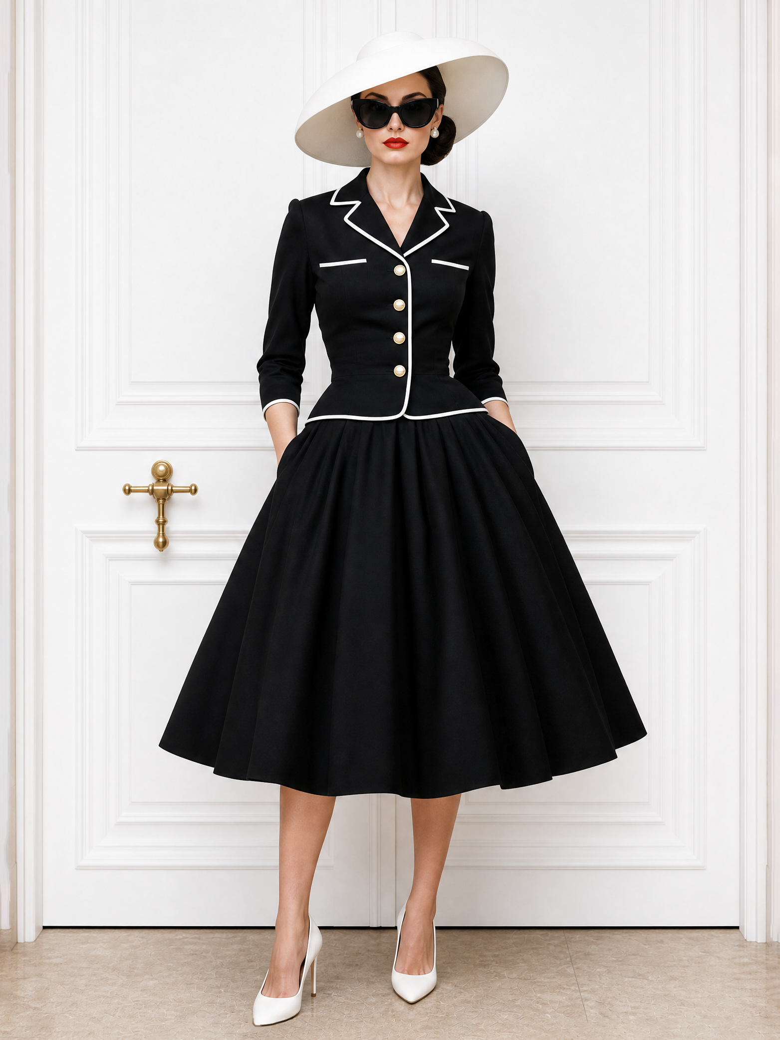 Vintage Color‑contrast Piped Two Piece Skirt Set
