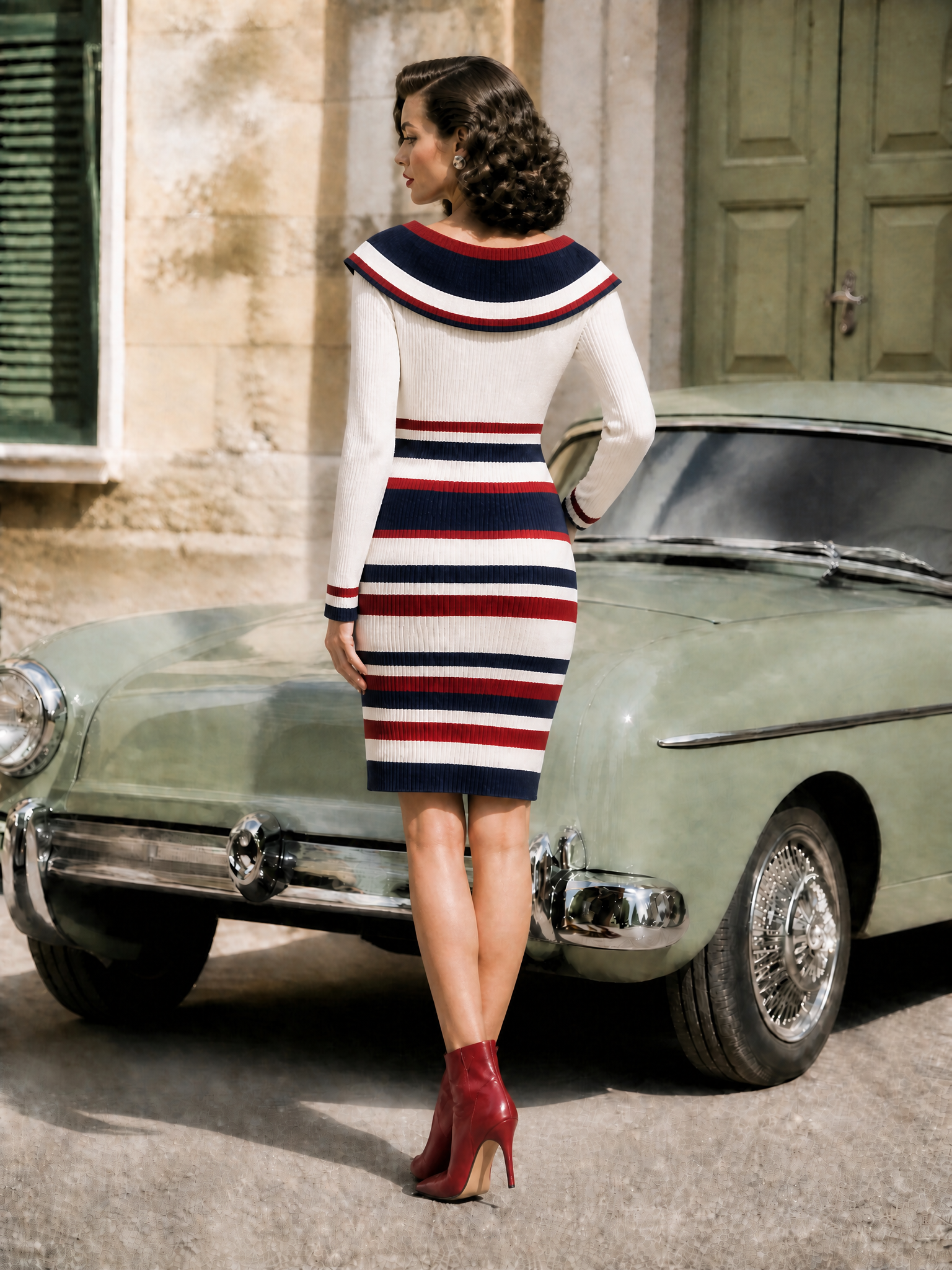 Vintage Nautical Colorblock Striped Bodycon Knit Midi Sweater Dress