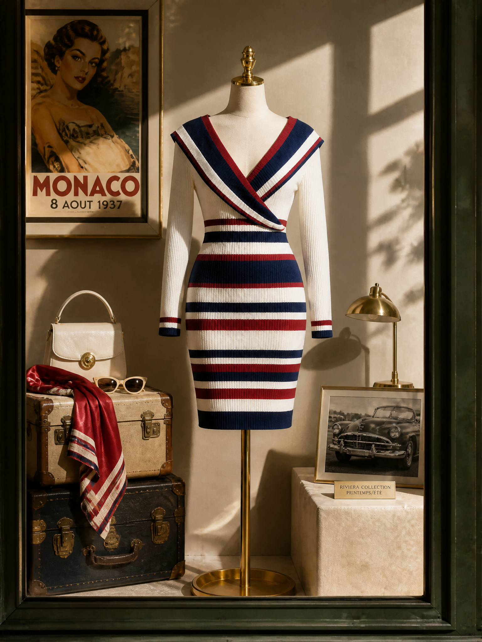 Vintage Nautical Colorblock Striped Bodycon Knit Midi Sweater Dress