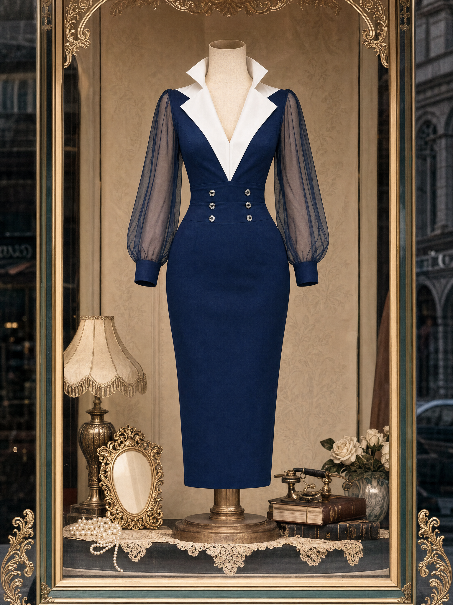 Vintage Color‑Contrast V‑Neck Fitted Waist Bodycon Midi Dress