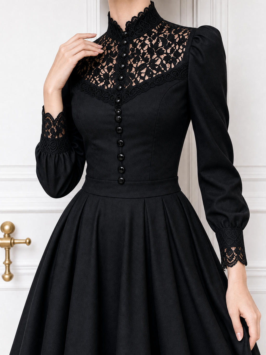 Vintage Lace‑Panel Flared Skirt Midi Dress