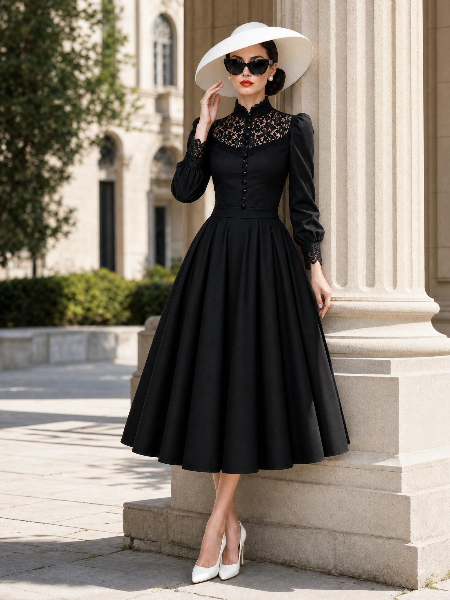Vintage Lace‑Panel Flared Skirt Midi Dress