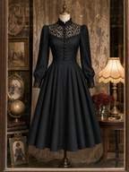 Vintage Lace‑Panel Flared Skirt Midi Dress
