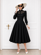 Vintage Lace‑Panel Flared Skirt Midi Dress