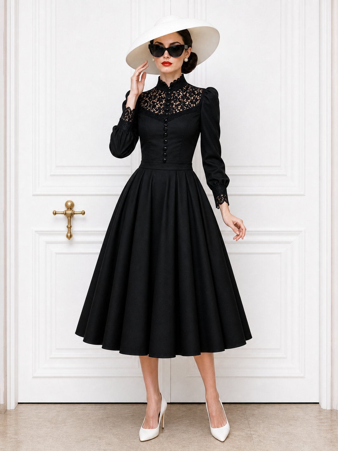 Vintage Lace‑Panel Flared Skirt Midi Dress