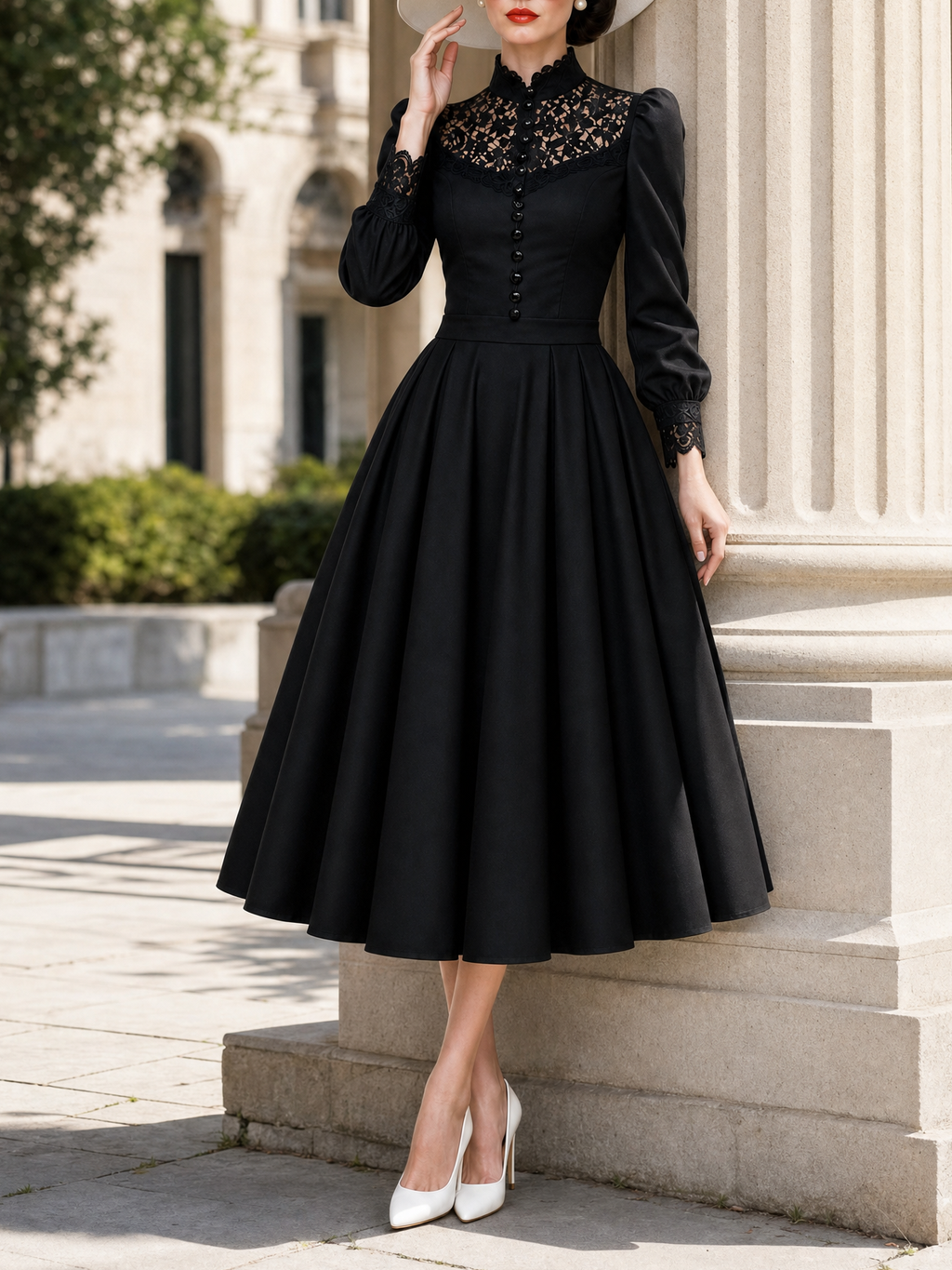 Vintage Lace‑Panel Flared Skirt Midi Dress