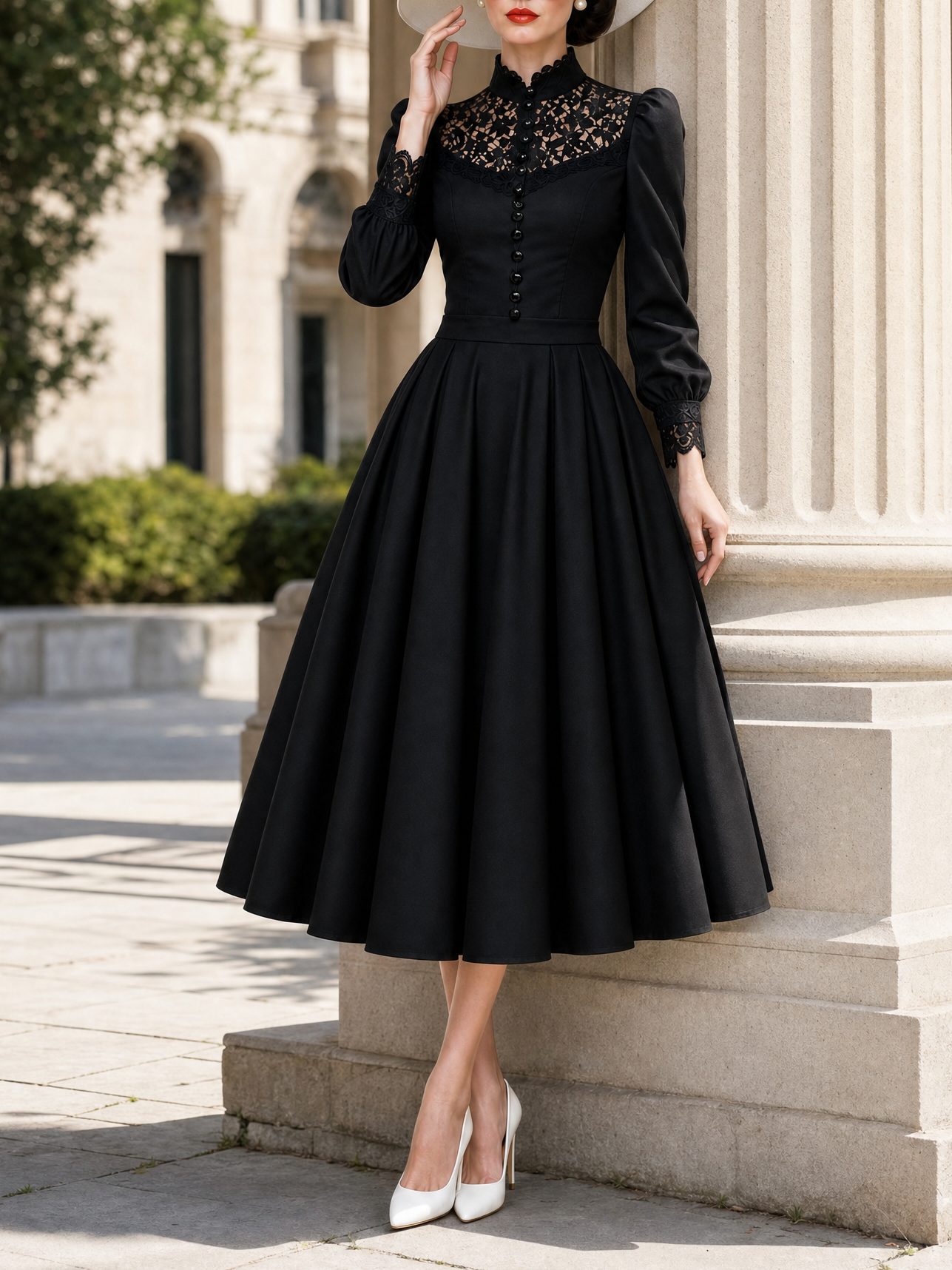 Vintage Lace‑Panel Flared Skirt Midi Dress