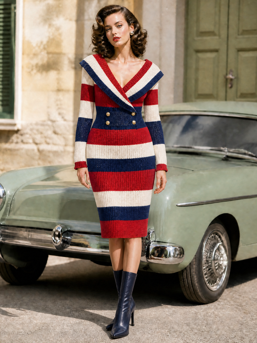 Nautical Colorblock Striped Sailor-Collar Knit Midi Sweater Dress