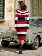 Nautical Colorblock Striped Sailor-Collar Knit Midi Sweater Dress