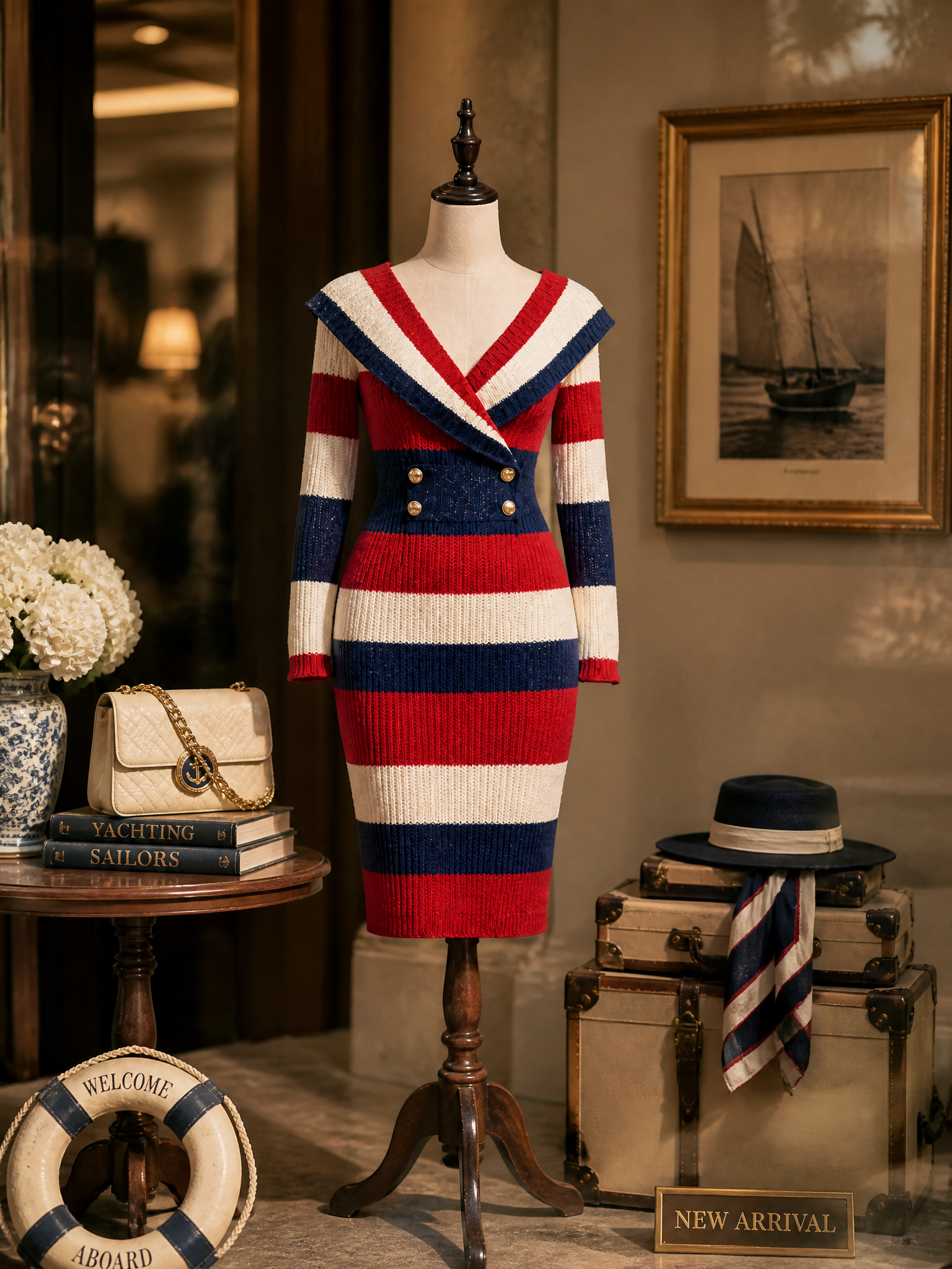 Nautical Colorblock Striped Sailor-Collar Knit Midi Sweater Dress