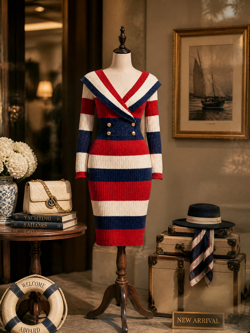 Nautical Colorblock Striped Sailor-Collar Knit Midi Sweater Dress