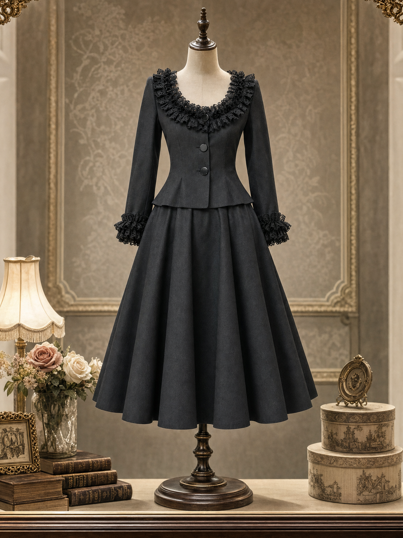Vintage Low‑Neck Lace‑Trim Skirt Set