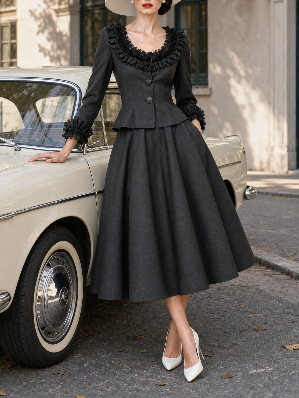 Vintage Low‑Neck Lace‑Trim Skirt Set