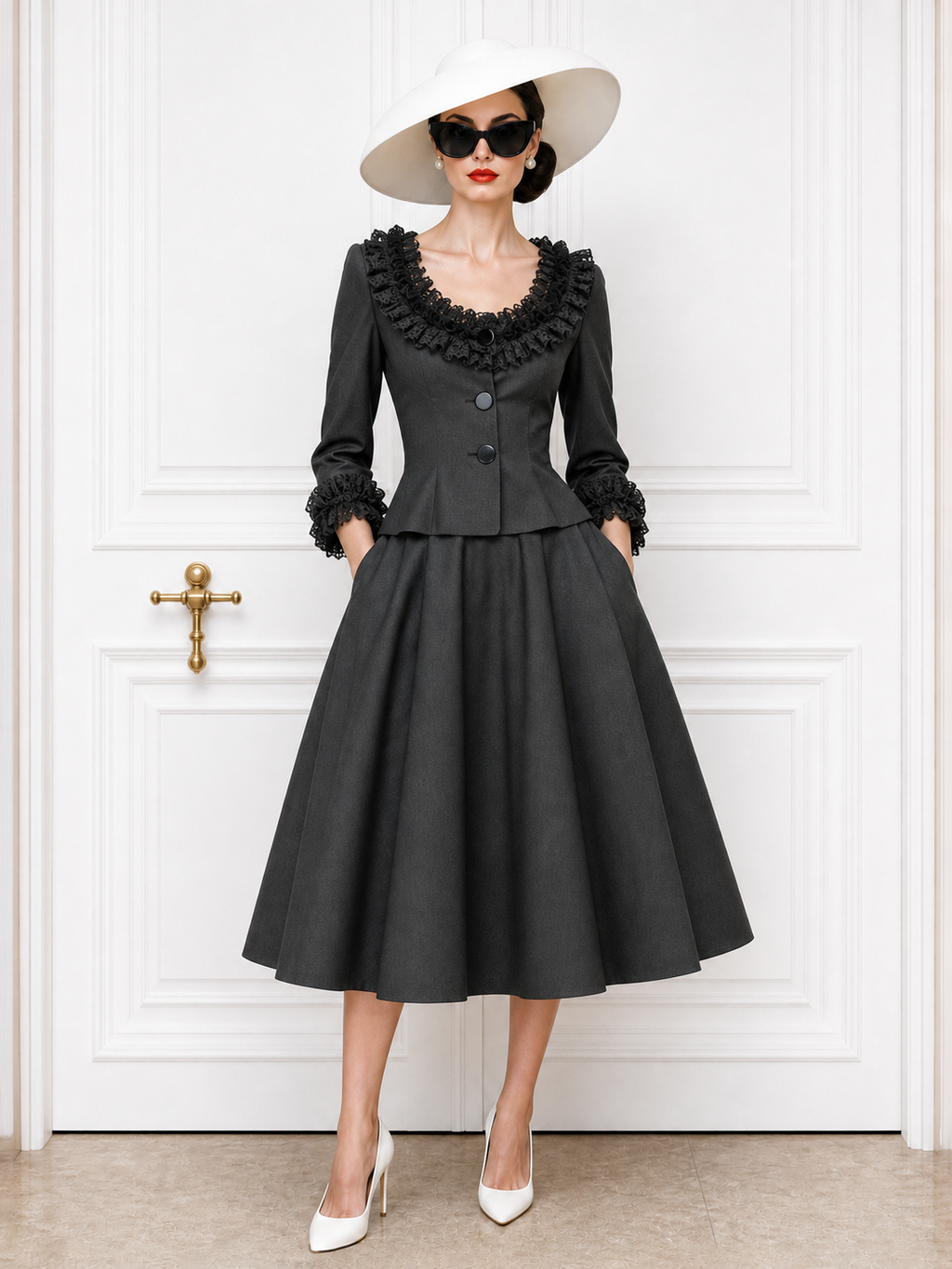 Vintage Low‑Neck Lace‑Trim Skirt Set