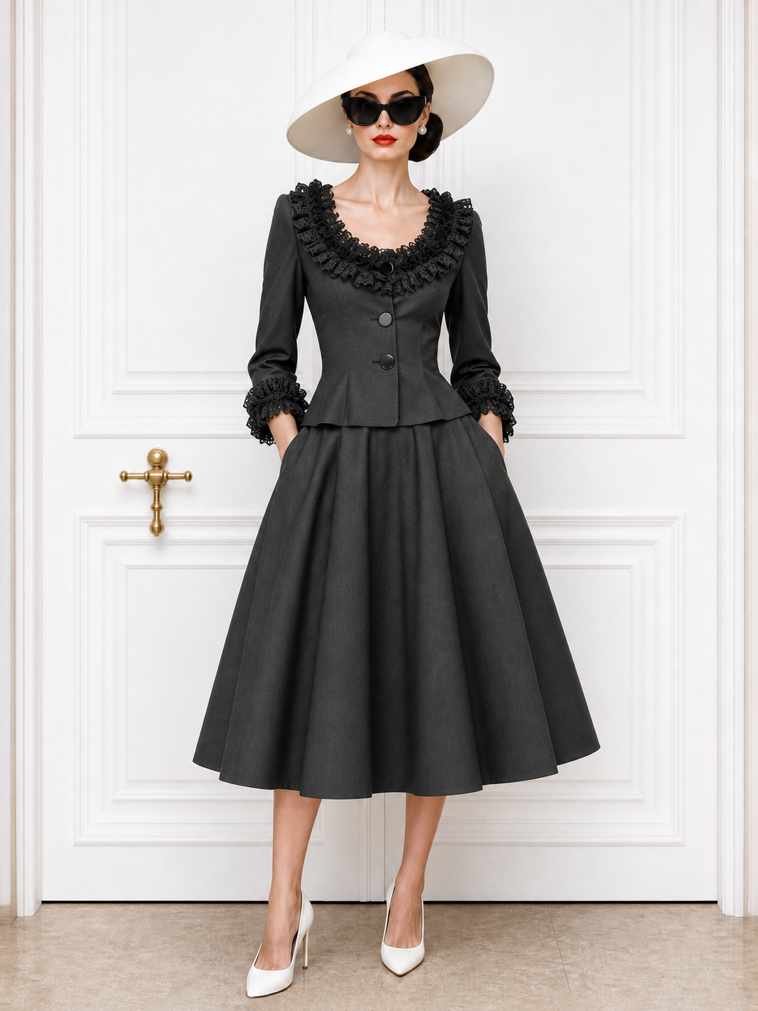 Vintage Low‑Neck Lace‑Trim Skirt Set