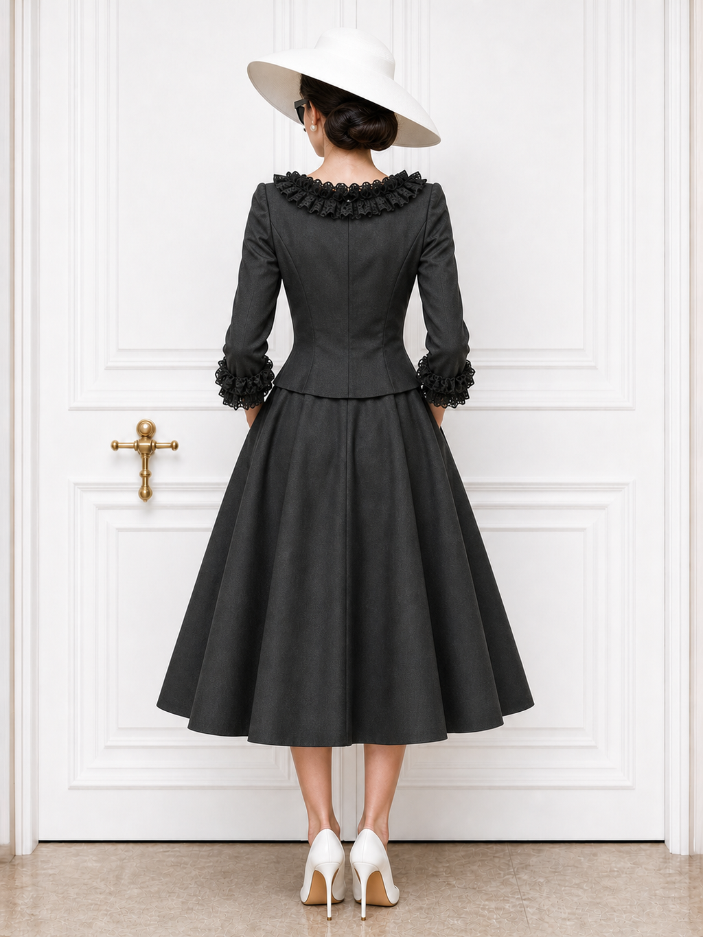 Vintage Low‑Neck Lace‑Trim Skirt Set
