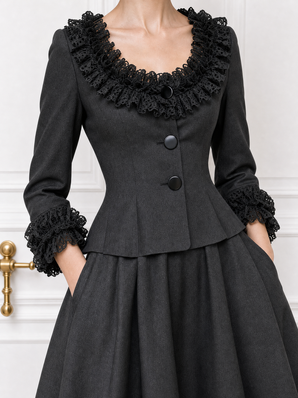 Vintage Low‑Neck Lace‑Trim Skirt Set