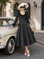 Vintage Low‑Neck Lace‑Trim Skirt Set