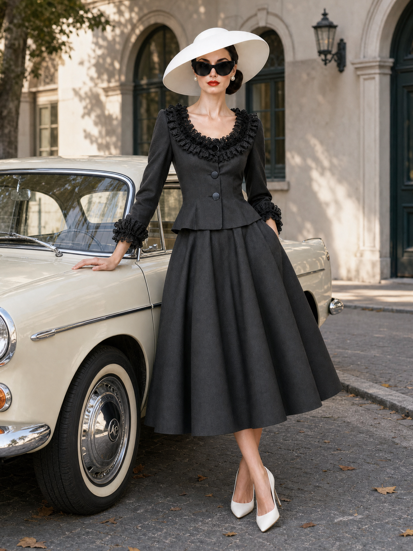 Vintage Low‑Neck Lace‑Trim Skirt Set