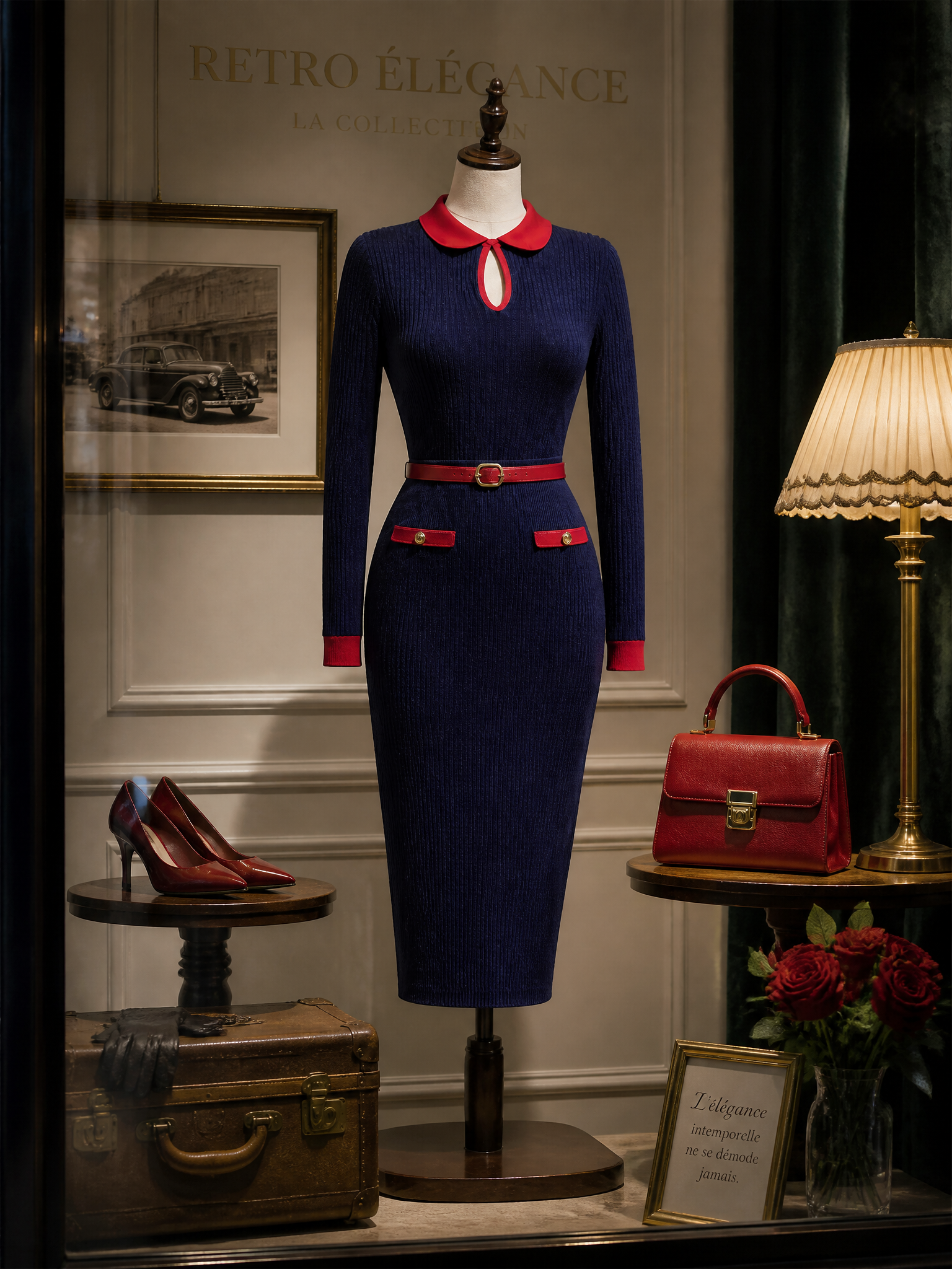 Vintage Navy Peter Pan Collar Knit Bodycon Midi Dress （Belt Included）