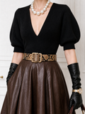 Vintage Deep‑V Neck Knit Puff‑Sleeve Top