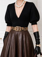 Vintage Deep‑V Neck Knit Puff‑Sleeve Top