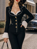 Vintage Black Gold-Button Tailored Peplum Blazer